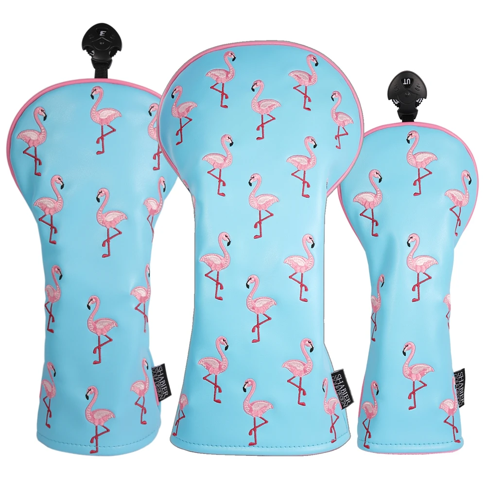 Golf Driver - Blauer Flamingo-Stickerei-Golfclub-Kopfschutz, Schutzhülle aus PU-Leder für