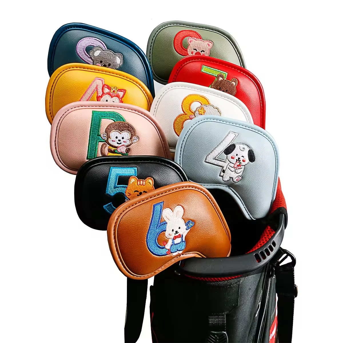 Golf Clubs - 9-teiliges Set Niedliche Cartoon-Tier Golf-Eisenkopfhüllen, PU-Leder